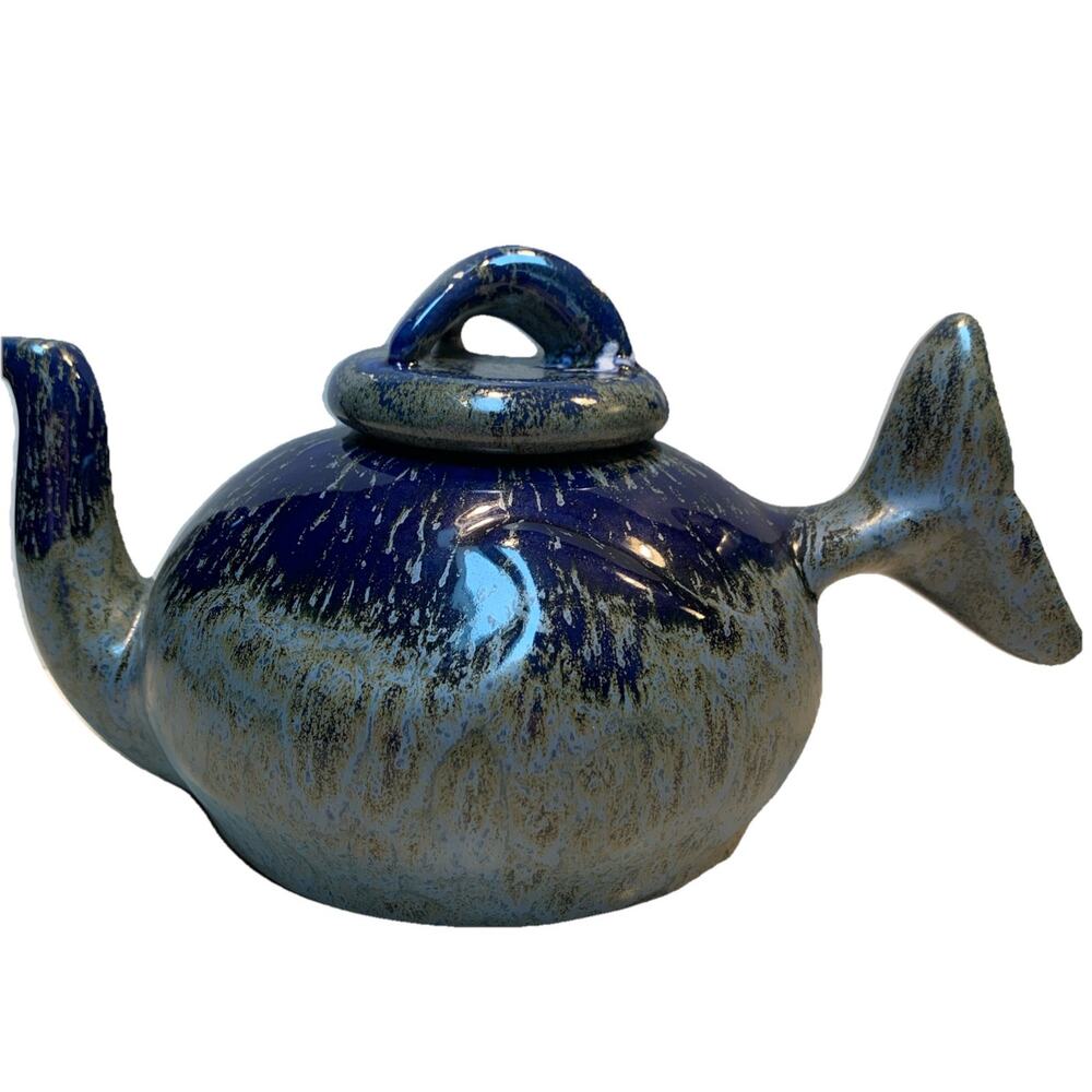Vtg 1981 Blue Whale Dolphin Tea Pot Doug Wylie Blue Drip Glaze Art Pottery